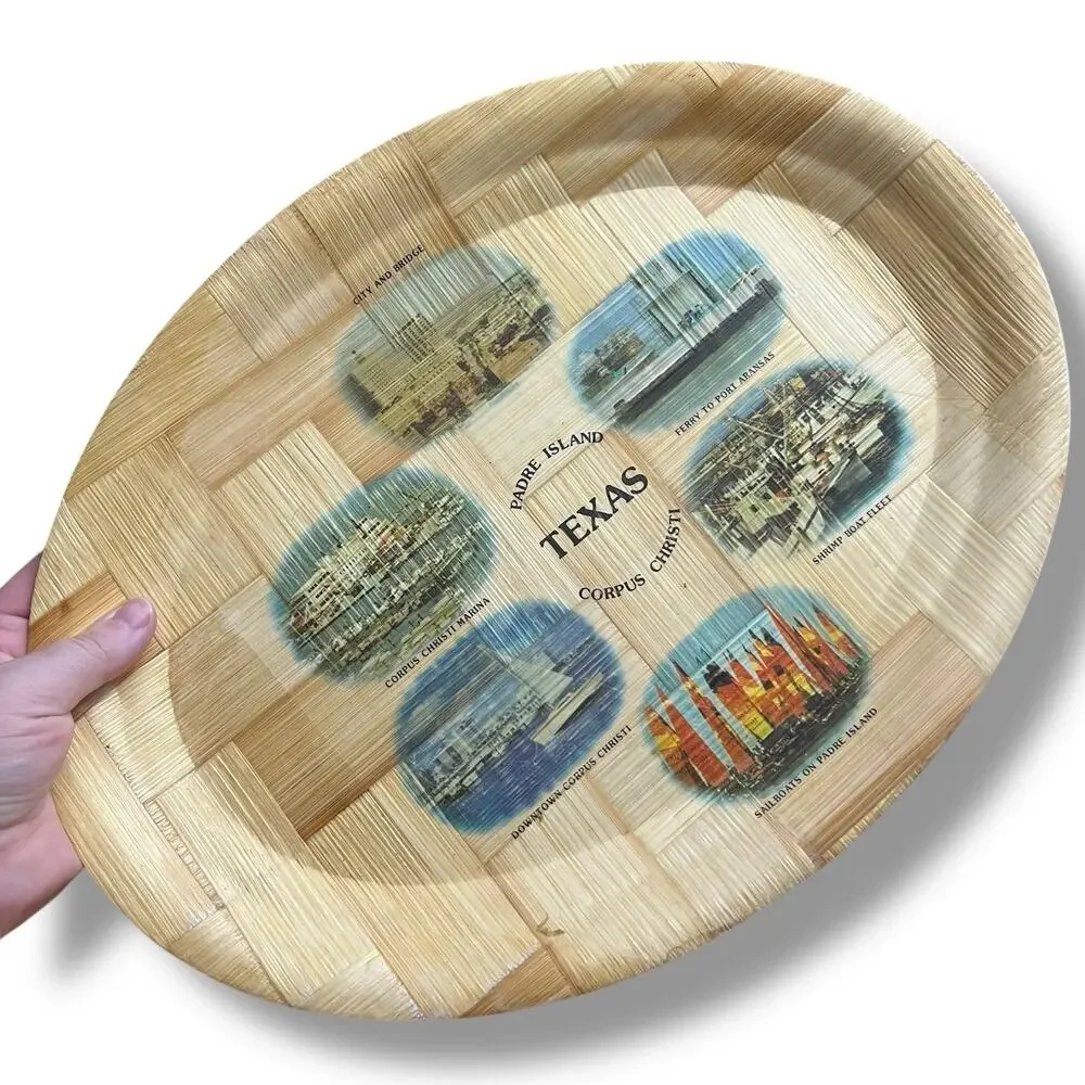 Vintage Bamboo Serving Tray Oval Texas Coast Padre Island Corpus Christi